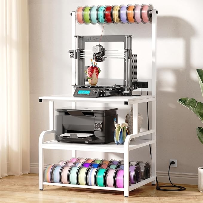 Homieasy Printer Stand with Charging Station, 29.1" x 22.8" Large 3D Printer Table with Filament Storage, Heavy Duty Rolling Printer Cart with 4-Tier Storage for Workshop/Office/Garage, White-DeskLoop Office
