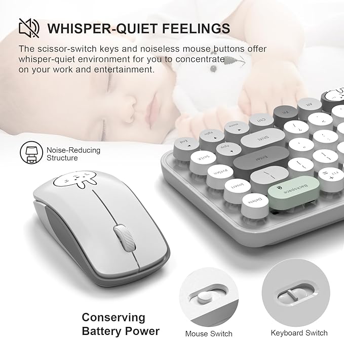 FOPETT Wireless Keyboard and Mouse Cute Mouse and Keyboard 2.4G Wireless Keyboards with Colorful 68 Keys Typewriter Retro Round Keycap for PC, Laptop,Tablet,Computer Windows - Grey Colorful-DeskLoop Office