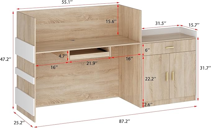 ECACAD Oak & White Reception Desk with Keyboard Tray, Retail Counter with Cabinet, Checkout Counter Table for Office Clinic Retail Lobby Salon-DeskLoop Office