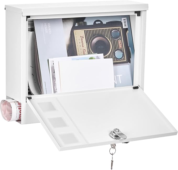 LAND·VOI Locking Mailbox Wall Mounted, Metal Postbox with Three Sets of Mail Box Number Stickers, 4 Keys, 14.4" x 4.5" x 11.2", Large Capacity, Textured White, AMB11W-DeskLoop Office