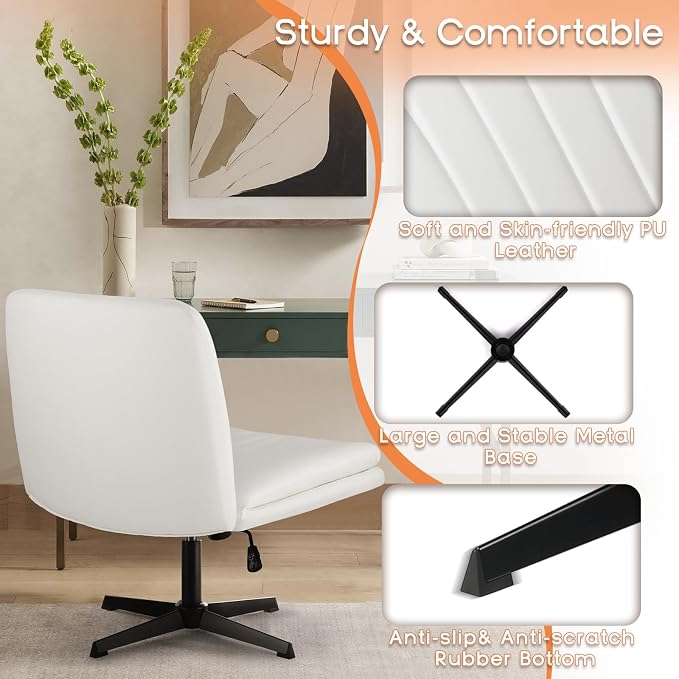 PUKAMI Criss Cross Legged Office Desk Chair No Wheels, PU Leather Modern Swivel - Image 5