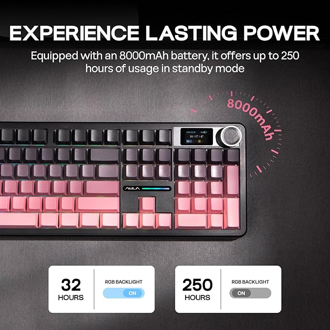 EPOMAKER X Aula F108 PRO Wireless Gaming Keyboard with Screen, 8000mAh Battery, 104 Hot-Swappable and Programmable Keys and Knob, RGB Backlight, for Mac/PC/Android (Pink Gradient)-DeskLoop Office