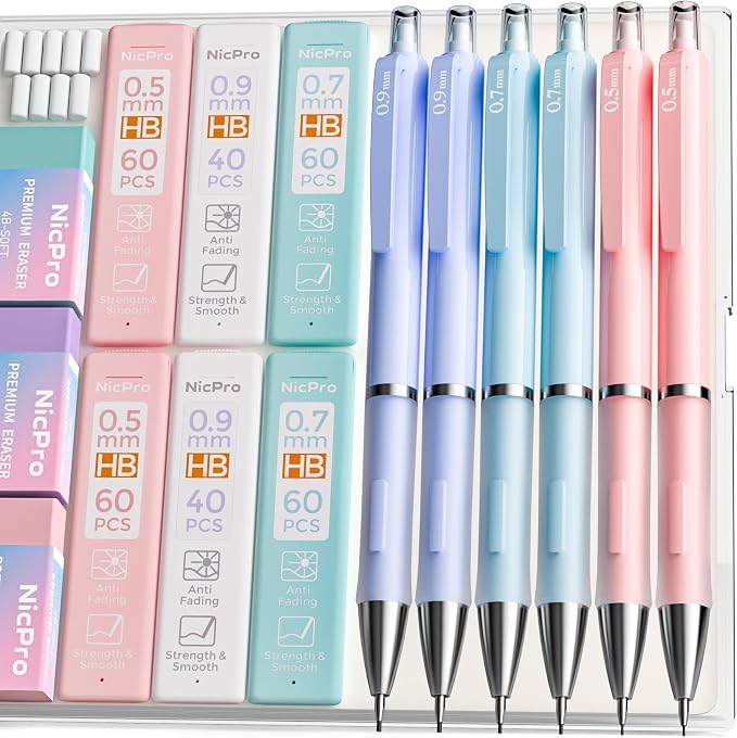 Nicpro 6PCS Pastel Mechanical Pencil Set, Cute Mechanical Pencils 0.5 mm & 0.7 by Nicpro