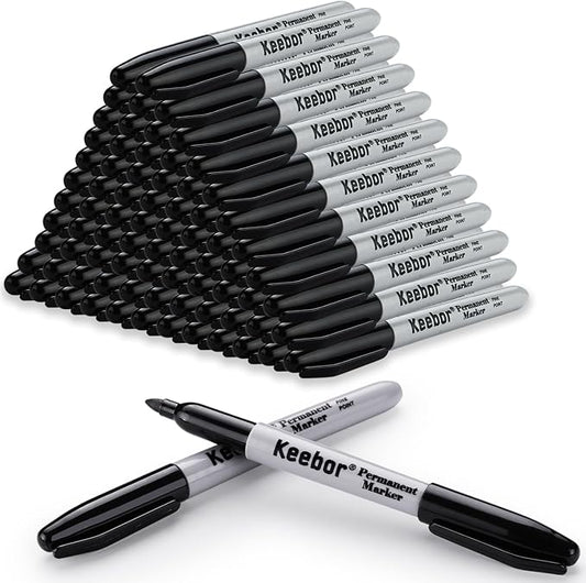 Keebor Black Permanent Markers Bulk of 100 Pack, Fine Point Permanent Marker Set by Keebor