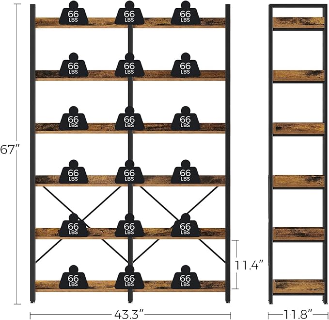 Seventable Bookshelf 6 Tier with 4 Hooks, 67” Industrial Wooden Bookcase, Vintage Storage Rack with Open Shelves, Rustic Standing Bookshelves Metal Frame 43.3” Wide Display Rack, Rustic Brown-DeskLoop Office