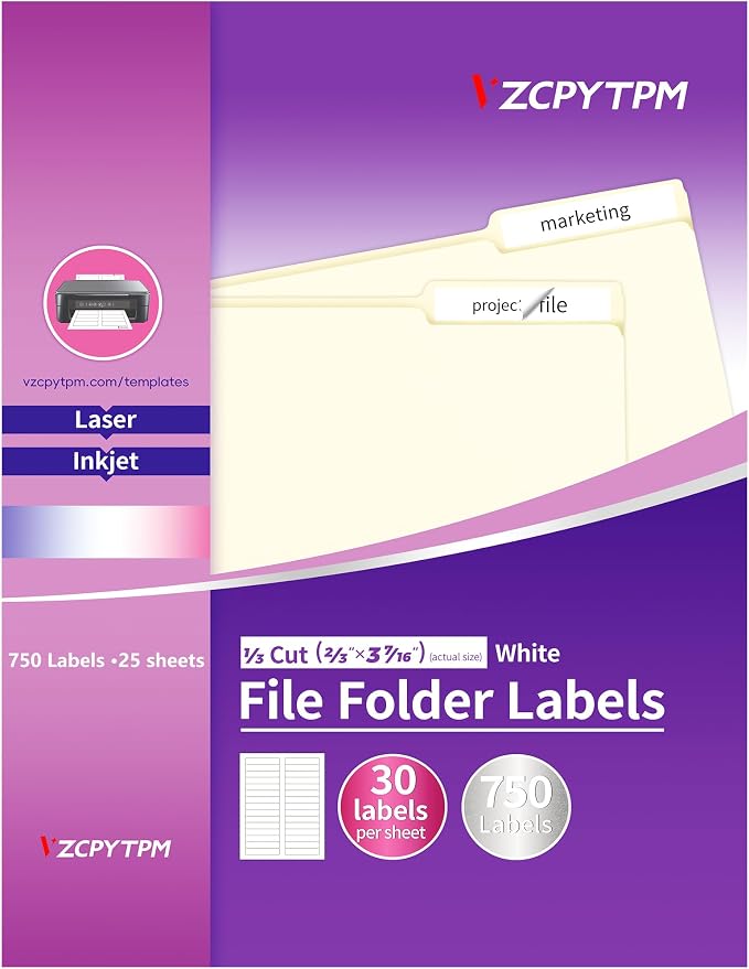 File Folder Labels, 750 Labels 1/3 Cut, Self Adhesive Labels, Printable by OfficeSuppliesDirect