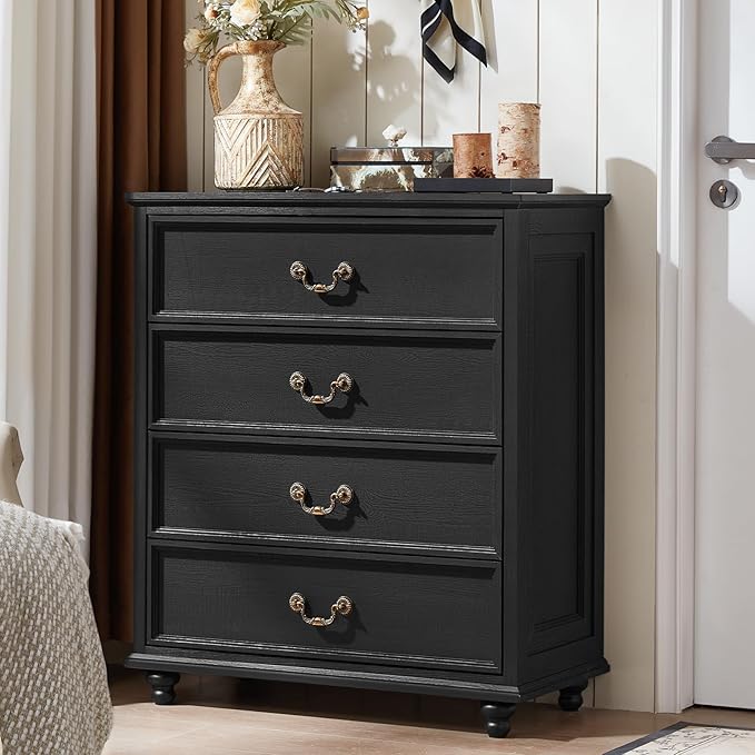 Farmhouse 4 Drawer Dresser for Bedroom, 37" Tall Rustic Chests of Drawers w/ 4 Solid Wood Feet, Mid Century Modern Wooden Closet Storage Dressers Organizer for Living Room, Hallway, Black-DeskLoop Office