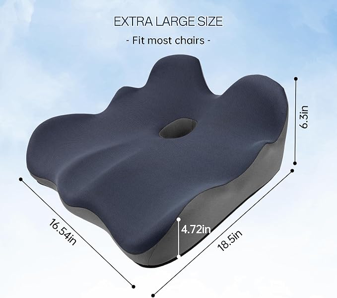Seat Cushion, X-Large Memory Foam Office Chair Cushion, for Pressure Relief Sciatica & Pain Relief for Long Sitting Hours on Office/Home Chair, Car (Blue)-DeskLoop Office