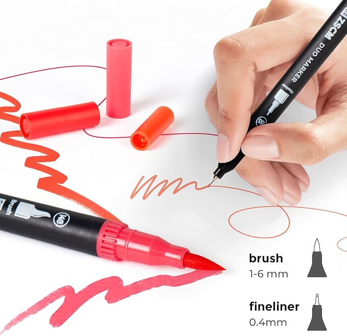 ZSCM Red Duo Tip Marker Pens, 12 Pack Fine & Brush Markers - Image 2