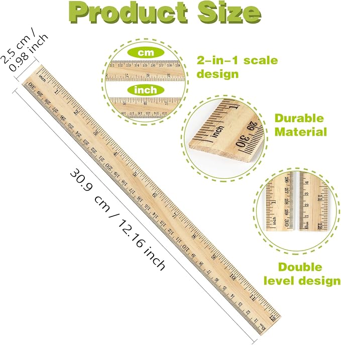 ZZTX 3 Pack Wooden Ruler 12 Inch Rulers Bulk Wood Measuring Ruler - Image 2