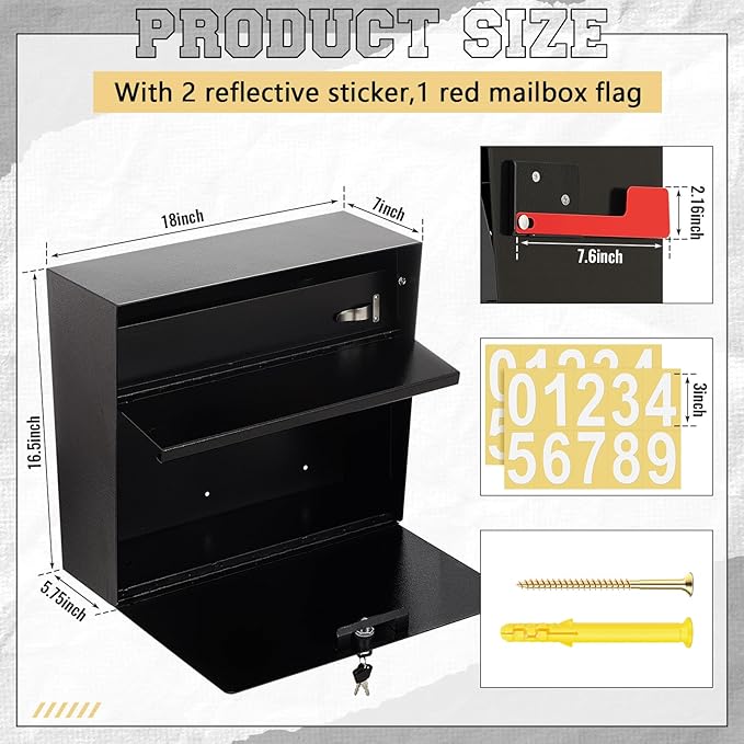 Extra Large Wall Mount Mailboxes for Outside 18 x 16.5 x 7 Inches Locking Security Mail Box Galvanized Steel Wall Mailbox Large Capacity Post Box with Key Lock and Reflective Stickers(Black)-DeskLoop Office