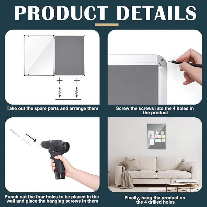 Suzile 1 Pcs Gray Enclosed Bulletin Board Lockable Cork Case Notice Board Aluminum Framed Waterproof Locking Cabinet with Mounting Screws for School Class Office Wall Display Pictures 48x36 Inch-DeskLoop Office