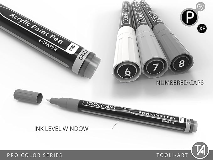 Acrylic Paint Pens 22 Gray Tones Assorted Pro Color Series Markers Set 0.7mm Extra Fine Tip for Rock Painting, Glass, Mugs, Wood, Metal, Canvas, Projects, Non Toxic, Waterbased, Quick Drying-DeskLoop Office