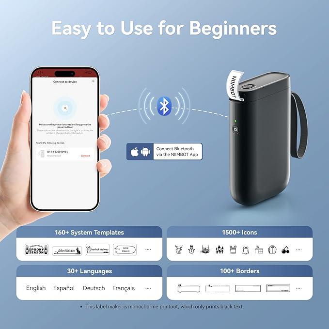 NIIMBOT Label Maker Machine D11 Label Printer Portable Wireless Connection Multiple Templates Available for Phone Easy to Use Office Home Organization USB Rechargeable-DeskLoop Office