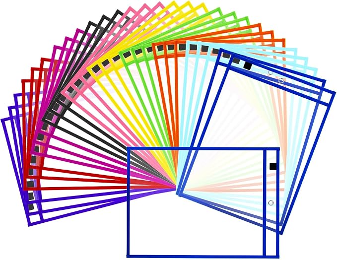 50 Packs Dry Erase Pocket Sleeves, Reusable Clear Plastic Classroom Sleeves by EEHZTSIOFFICE
