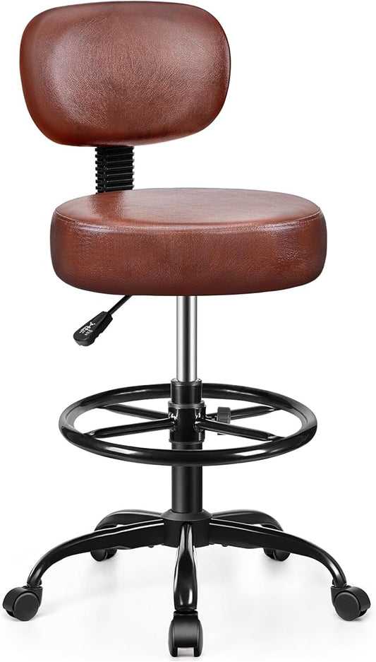 Drafting Chair with Backrest – Adjustable Foot Rest Rolling Stool with Wheels, PU Leather Swivel Stool for Office Spa Studio Lab Counter Salon Home Work Bar Kitchen Shop(Ember Brown)-DeskLoop Office