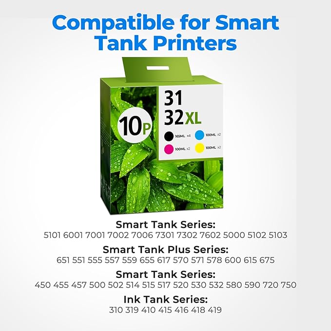 31 32XL Ink Bottle Set for Smart Tank Ink 5101 7602 5000 5103 651 6001 7301 7001 Compatible with HP 31 32XL Ink Bottle Set for Smart Tank 5000 5101 7602 7301 7001 5102 7002 7006 551 Printers, 10 Packs-DeskLoop Office