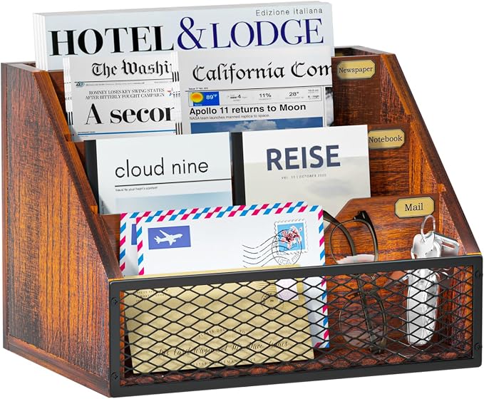 Mail Organizer Countertop, Wooden Mail Holder, 4 Slot Letter Holder by Yelinkws