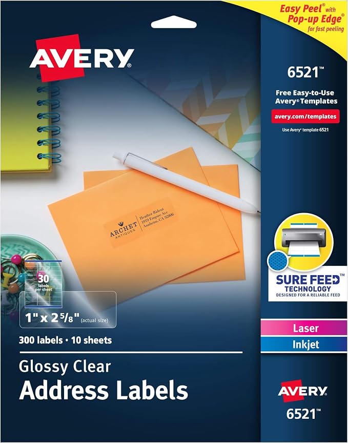 Avery Address Labels Clear 1" x 2-5/8" | Glossy | Sure Feed Technology | by Avery