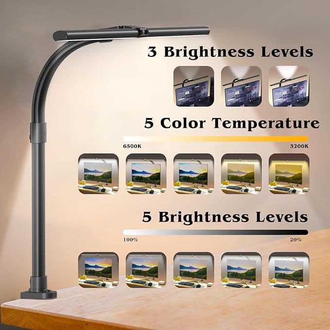 Led Desk Lamp for Home Office,24W Bright Eye-Caring Desk Light with Clamp,5 brightness and 5 temperatures Dimmable Workbench Task Light, Adjustable Gooseneck Table Lamp for Monitor Study(black)-DeskLoop Office