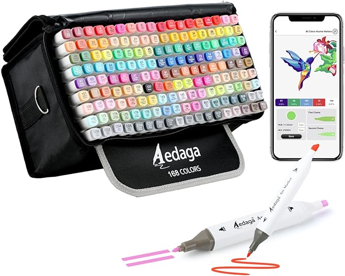 168 Colors Alcohol Markers with Free App, Dual Tip Art Markers with Kickstand Case for Artists Adults and Kids. Alcohol Based Marker for Coloring Painting Sketching and Drawing, Great Gift-DeskLoop Office
