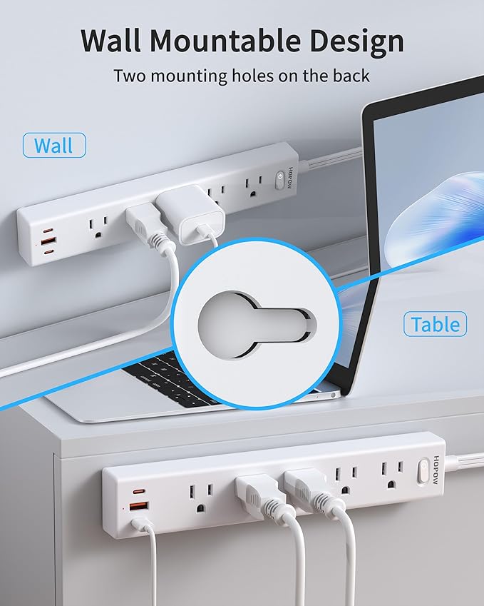 Flat Plug Power Strip, 6 Ft Ultra Thin Flat Extension Cord, Surge Protector with 5 Outlets & 3 USB Ports (2 USB C), 1700 Joules, Wall Mount, Desktop Charging Station for Home Office Dorm, White-DeskLoop Office