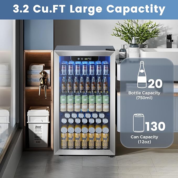 Mini Fridge 130 Can Beverage Refrigerator Cooler, 3.2 Cu.Ft Drink Fridge forSoda Wine Beer, Digital Temperature Control Cooler for Home, Dorm, Bar-DeskLoop Office