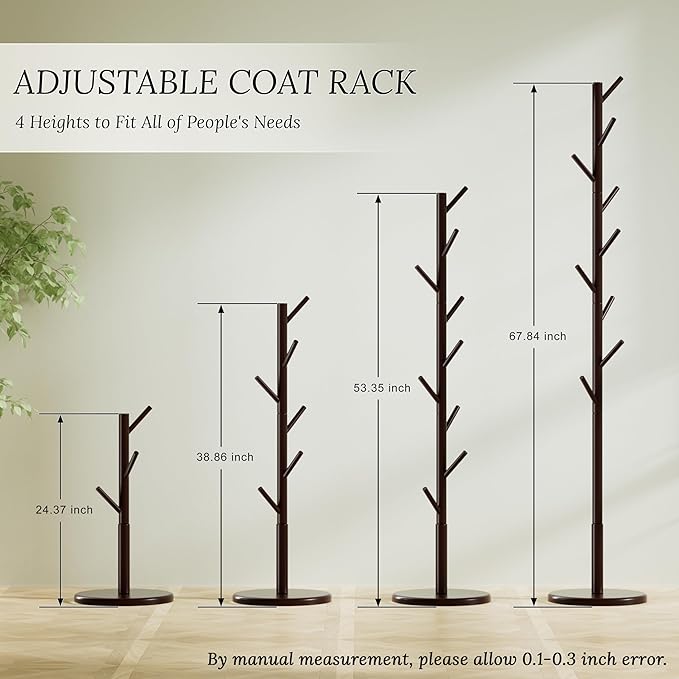 Wooden Freestanding Coat Tree with 4 Height Options and 9 Hooks, Sturdy Coat Rack Stand for Clothes/Bags/Hats, Save Space Coat Rack for Entryway, Bedroom, Office, Narrow Place (Coffee)-DeskLoop Office