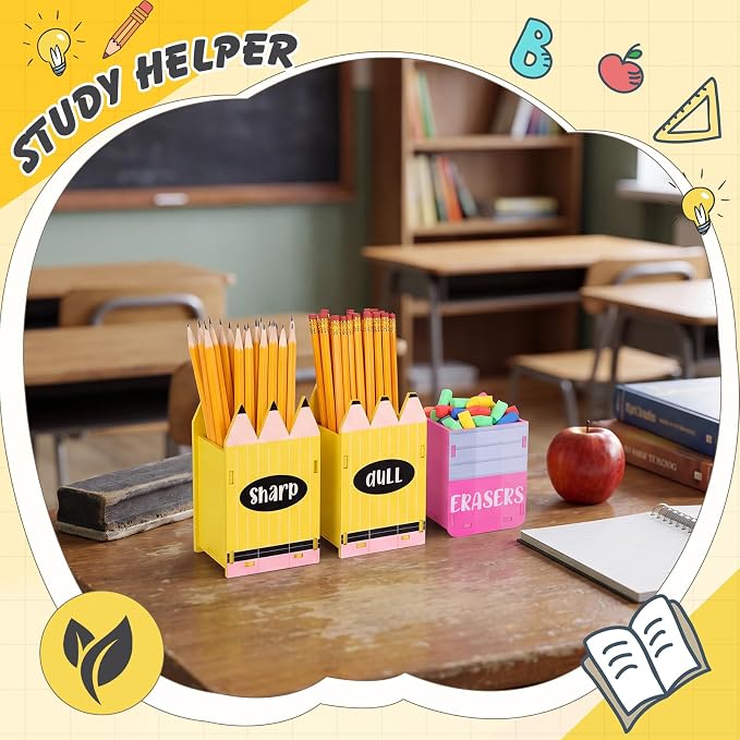DoubleFill 3 Pcs Sharp and Dull Pencil Holder Eraser Buckets Wooden Shaped - Image 7