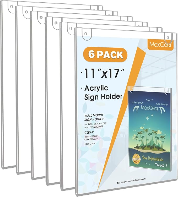 MaxGear Acrylic Wall Mount Sign Holder, 11 x 17 Vertical, 6 Pack | Includes by MaxGear