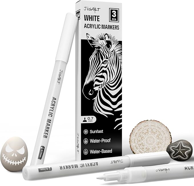 JusArt 3 Pack White Permanent Markers, 0.7mm Fine Point White Acrylic Markers by JusArt%7CCreativeArtSupplies