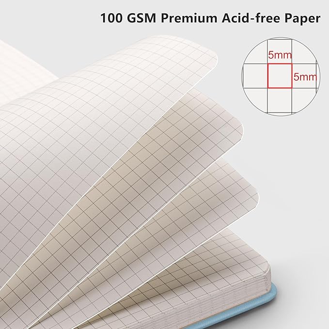 RETTACY Graph Grid Paper Notebook, 192 Pages, A5 Medium Size (5.7'' x 8.3''), 5 Squares per Inch, Leather Hardcover, 100 GSM Thick Paper, for School, Students, Math, Engineering (Light Blue)-DeskLoop Office