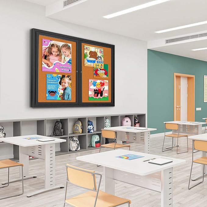 Enclosed Bulletin Board Lockable,Double-Door Weatherproof Outdoor Noticeboard with Locking Door, Wall-Mounted Aluminum Framed Presentation Board, 44x32 Inch (8xA4)-DeskLoop Office