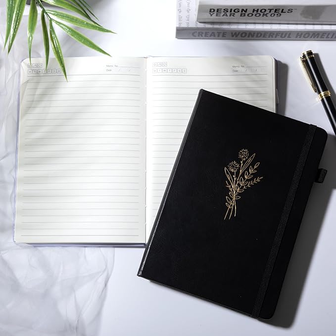 Lined Journal Notebook for Women Cute Leather Journals for Writing Aesthetic Floral Diary 192 Pages A5 Hardcover Journaling Notebooks with Pen Loop, 5.7 x 8.3 In, Black-DeskLoop Office