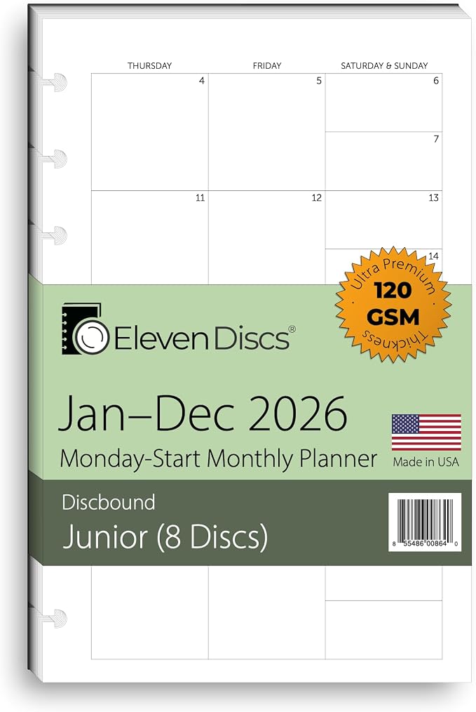 Eleven Discs Monthly Calendar Refill 2026, Monday Start, Junior 5.5 x 8.5 by ElevenDiscs