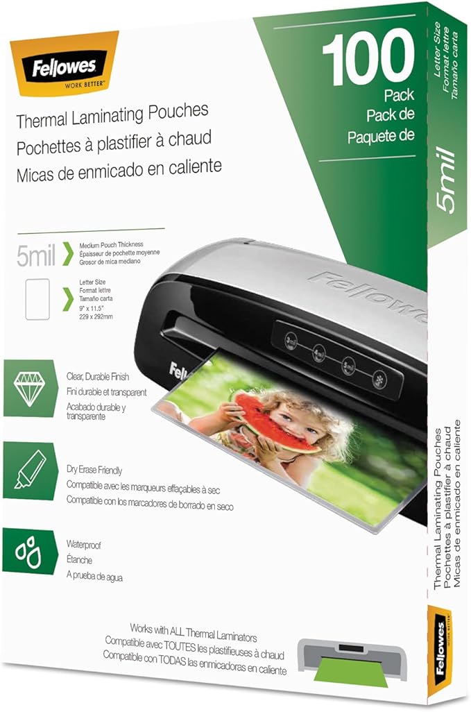 Fellowes Thermal Laminating Pouches, 5mil Letter Size Sheets, 9 x 11.5, 100 Pack, Clear (5743501)-DeskLoop Office