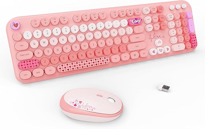FOPETT Wireless Keyboard and Mouse Combo - 2.4G Full-Sized Cute Colorful Retro Keyboard with Round Keycaps 104 Keys Typewriter Keyboard for Laptop/Windows/PC-Pink Colorful-DeskLoop Office