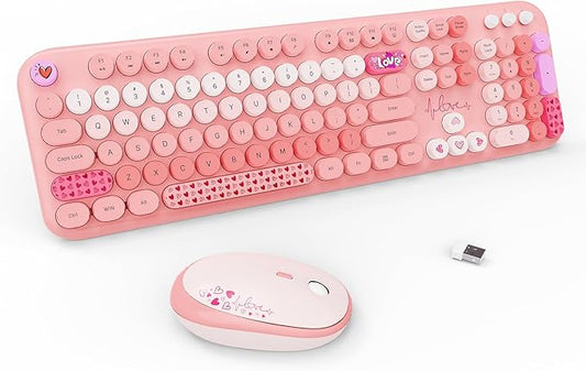 FOPETT Wireless Keyboard and Mouse Combo - 2.4G Full-Sized Cute Colorful Retro Keyboard with Round Keycaps 104 Keys Typewriter Keyboard for Laptop/Windows/PC-Pink Colorful-DeskLoop Office