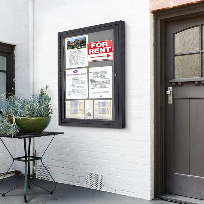 Enclosed Bulletin Board Outdoor Noticeboard with Locking Door, Weather-Resistant, Grey Felt, Black Aluminum Frame, 36 x 24 in-DeskLoop Office