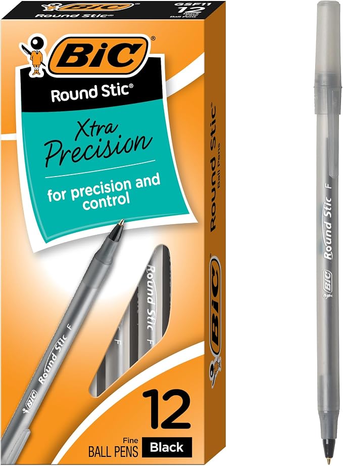 BIC Round Stic Xtra Precision Fine Black Ballpoint Pens, Medium Point, 12-Count by BIC