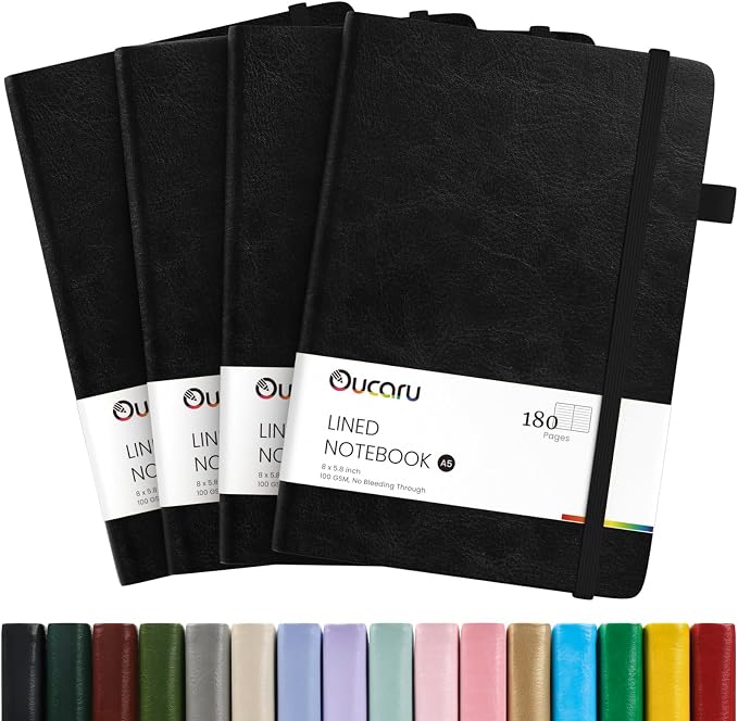 Oucaru Lined Journal Notebook, 4 Pack, 180 Pages, A5 Journals by Oucaru