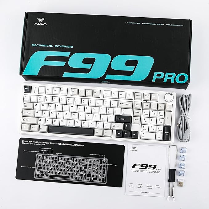 EPOMAKER X Aula F99 PRO Wireless Gaming Keyboard with 8000mAh Battery, Hot Swappable Creamy Keyboard, 2.4GHz/Type-C/BT5.0, NKRO, RGB Backlit for Win/Mac/Gaming (Black&Grey&White)-DeskLoop Office