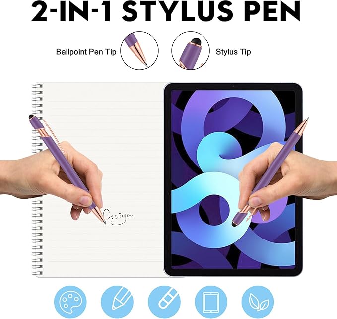 12 PCS 2 in 1 Stylus Ballpoint Pen with Stylus Tip, 1.0 mm Black Ink Metal Pen Stylus Pen for Touch Screens (Light Purple)-DeskLoop Office