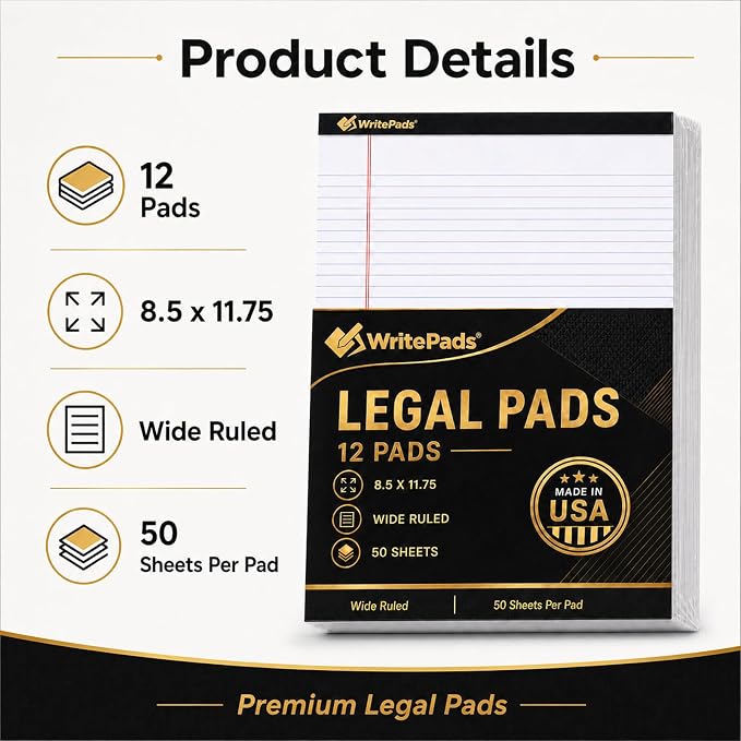 Legal Pads 8.5 x 11.75 Inch Wide Ruled Writing Pads, 12 Pack Note Pads - Image 2
