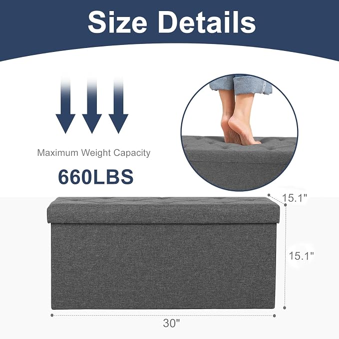 DUMOS 30 Inch Folding Storage Ottoman Bench, Large Hidden Storage Chest - Image 3