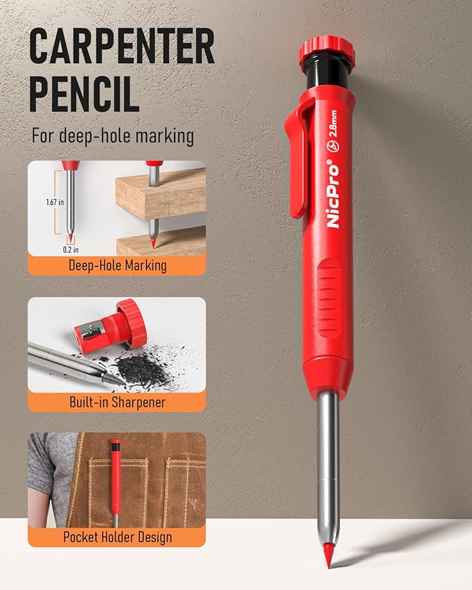 Nicpro CP1000 Carpenter Pencil with Sharpener, 2.8 mm Mechanical Pencils with 13 Refills, Deep Hole Marker for Construction, Heavy Duty Woodworking Pencil, Carpenter Tools for Architect Marking