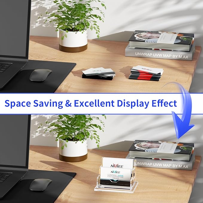 NIUBEE Clear Business Card Holder 2 Tier Acrylic Business Card Stand, 2 Slots Business Card Display for Desk Counter, 150 Card Capacity, 1 Pack-DeskLoop Office
