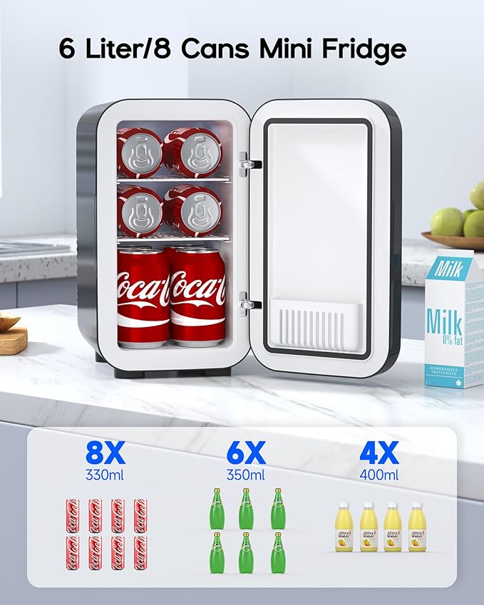 Mini Fridge,6 Liter / 8 Can Small Fridge for Bedroom, Car, Office & Dorm, 110V AC/DC Portable Thermoelectric Cooler & Warmer for Skincare, Food, Drinks,Black-DeskLoop Office