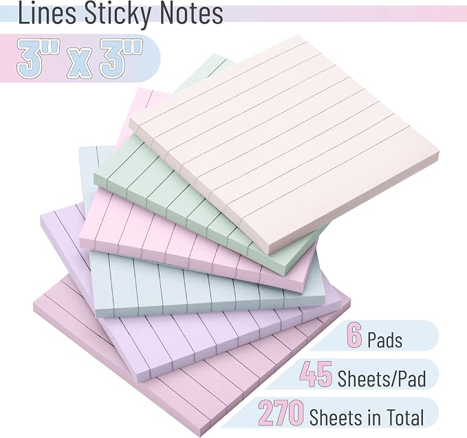 Mr. Pen- Lined Sticky Notes, 6 Pads, 45 Sheets/Pad, Pastel Color | Sticky Notes - Image 2