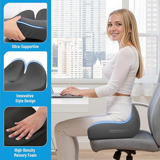 Seat Cushion, Memory Foam Office Chair Cushions, Ergonomic Curved Design for Sciatica, Tailbone, Coccyx, Seat Support for Car, Desk Chair, Wheelchair, Enhances Long Sitting Comfort (Grey)-DeskLoop Office
